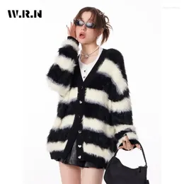 Women's Knits Korean Harajuku Oversized V-neck Mohair Cozy Knitted Cardigan Women Striped Single Breasted Sweater Coat Trendy Spring Fall