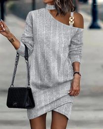 Casual Dresses Cold Shoulder Long Sleeve Dress Grey For Women Chain Cross Autumn Winter Y2k Jacquard Jumpers Elegant Vestidos