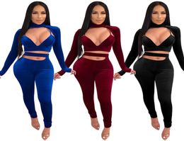 Women039s Two Piece Pants Cutubly Long Sleeve Women Set Tracksuit Autumn Winter Velvet Solid 2 Pieces Deep V Crop Top Cut Out J3636379