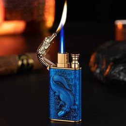 Lighters 3D embossed dragon crocodile dual flame light metal windproof jet flame open flame convertible gas light smoking mens gift Q0522