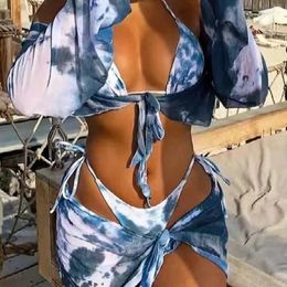 Women's Swimwear Split Four Pieces Bikini Set Women Tie-Dyed Long Sleeve Cover-up Sexy Cross Wrap String Triangle Bathing Suit For Female