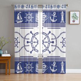 Curtain Rudder Anchor Blue Stripes Sheer Curtains For Living Room Decoration Window Kitchen Tulle Voile Organza