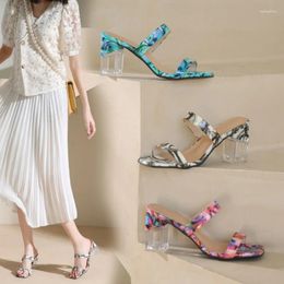 Slippers Shoes For Women High Heeled Sandals 2024 Summer Transparent Crystal With Large Size Square Head Flower