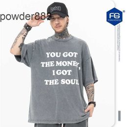 Fg Mens Wear Kanyess2024 Spring/summer New Product Trendy Brand Wash Grey High Level Letter Printed Round Neck Short Sleeved T-shirt