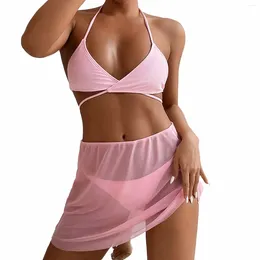 Women's Swimwear 3pcs Triangle Solid Sexy Bikini Swimsuit Beach Skirt Cover Up Female Brazilian Girl Bathing Suit