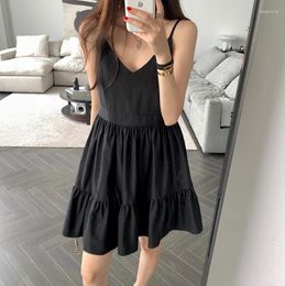 Casual Dresses South Korea Dongdaemun Summer Solid Colour Simple Sexy Thin Patchwork Skirt Lace Strap Mini V-line
