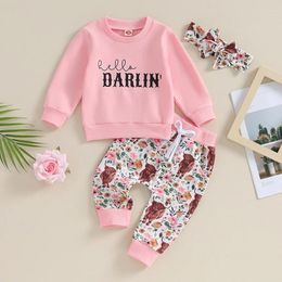 Clothing Sets Toddler Baby Girls Spring Clothes Western Cow Print Long Sleeves Sweatshirt Elastic Pants Cute Headband Fall Outfits Set