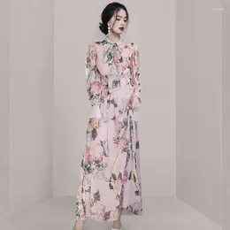 Casual Dresses Elegant Autumn Pink Flower Shirt Dress 2024 Runway Women Lapel Lace Up Bow Printed Chiffon Lantern Sleeve Slim Long Vestidos