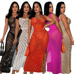 Casual Dresses Sexy Sequin Women Side High Split Skirt Summer Hand Knitted Hollow Out Long Dress Club Party Beach Wear Cover Maxi