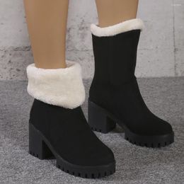 Boots Winter Women Snow BLACK Platform Wedge High Heel Faux Fur Lady Shoes Female Plush Warm Non-slip Mid Calf Goth