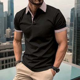Summer mens casual short sleeved polo shirt fashionable thousand bird plaid lapel Tshirt breathable top 240513