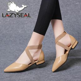 Casual Shoes LazySeal 2cm Low Heel Ballet Black Pointed Toe Patent Leather Nude Cross Tied Elastic Band Pumps For Women Lady Pump