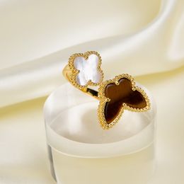 High Quality V Gold Tiger Eye Stone White Mother of Pearl Butterfly Ring Heart Clover Ring for Women