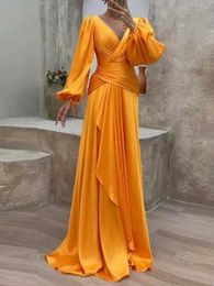 Basic Casual Dresses Modigirl Solid Color Slim Fit Pleated V-Cut Long sleeved Evening Dress 2024 Spring Fashion Womens Long Skirt J240523