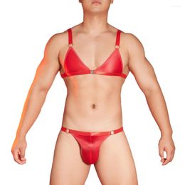 Bras Sets Mens Bra Panties Set Oil Glossy Sissy Three-point Bikini Porno Lingerie Suit T-Back Ultrathin Underwear Briefs Thong Underpants