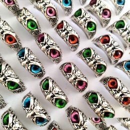 Band Rings 30Pcs/Lot Retro Cute Men And Women Charm Punk Owl Ring Vintage Mti-Color Eyes Creative Jewellery Party Gift Favour Drop Deliv Dhw6G