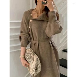 Casual Dresses LKSK Korean Fashion Knitted Dress 2024 Autumn Winter Warm Long Sleeve Sweater For Women Button Turtleneck Elegant Lace-up