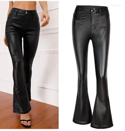 Women's Pants Imitation PU Leather Flare Women Streetwear Black High Waist Wide Leg Stretch Skinny Bell Bottoms Trousers