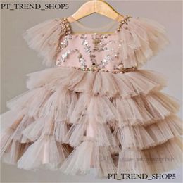Girls Sequins Tiered Lace Tulle Cake Dresses Ball Gown Kids Beaded Gauze Falbala Fly Sleeve Princess Dress Children Birthday Party Clothes 204 Efc