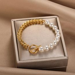 Vintage Gold Colour Pearl Cuban Chain Bracelets For Women Fashion Metal Splicing Handmade Bracelet Wedding Party Jewellery Gifts