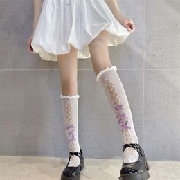 3PCS Women Sweet Sexy Lace Mesh Fishnet Knee High Socks Hollow Out Veet Bow JK Lolita Girls Kawaii Stockings