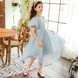 Kids Dresses for Girls Summer French Puff Sleeve Teenage Princess Fashion Casual Holiday Blue Mesh Dress Children Clothes L2405