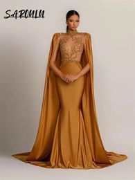 Party Dresses Luxury Hand-sewn Beaded Prom Dress Satin Cape Long Sleeves High Neck Illusion Rhinestones Maxi Evening Plus Size