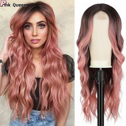 HD Transparent Lace Front Wig pink Ombre black Body Wavy Wigs with Bangs High Density Synthetic Lace Frontal Side Part Wigs 240515