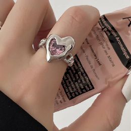 Cluster Rings 2024 Korean Irregular Heart Ring Fashion Temperament Girl Pink Love Metal Chain Open Jewelry