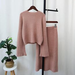 Work Dresses Women Sweaters Dress Sets Solid Pullover Mid-calf Skirts Faux Mink Cashmere 2 Pieces Autumn Winter Elegant Knitted