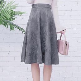 Skirts TingYiLi Autumn Winter Suede Skirt High Waist A-line Midi Womens Gray Beige Black Elegant Ladies