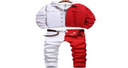 Fashion New Tracksuits Stitching Colour Men039s Sets Half Red and Half White Autumn Denim Jacket Matching Slim Stretch Jeans Two3730608