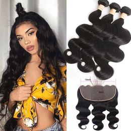 Peruvian 100% Human Hair Wefts With 13X6 Lace Frontal Free Part Body Wave Bundles With 13 By 6 Frontal Natural Color Weaves Hwrsn