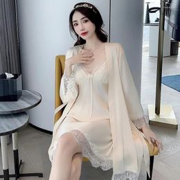 Women's Sleepwear Sexy Twinset Robe Suit Women Lace Kimono Nightgown Homewear Summer Rayon Bathrobe Gown Set Nightsuits Lingerie