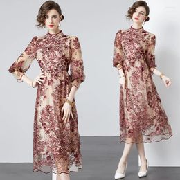 Casual Dresses Helolis Fashion Designer Sequins Floral Embroidery For Women Autumn Stand Collar Lantern Sleeve Runway Long Dress