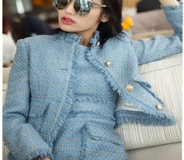 Women 2 piece short sets Dress 2018 Women039s Designer Outfits Blue and pink Tweed Jacket Coat Two Pieces Sleeveless Tassel D9783762