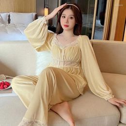 Women's Sleepwear 2024 Winter Long Sleeve Sexy Lace V-Neck Gold Velvet Pyjama Sets For Women Korean Pyjama Homewear Pijama Mujer Clothes