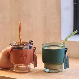 Mugs 400ml Creative Leather Heat-Resistant Coffee Mug With Lid And Straw Christmas Glass Cup Glasses Cups Office Tea Travel