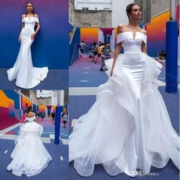 New Arrival Mermaid Wedding Dresses With Detachable Train Off The Shoulder Short Sleeve Pleats Open Back Satin Beach Bridal Gowns 341O
