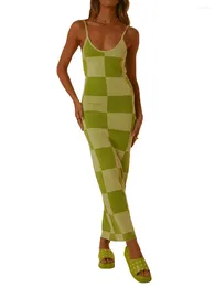 Skirts 2024 Female Slip Dress Checkerboard Print Sleeveless Spaghetti Strap Low-Cut Backless For Summer