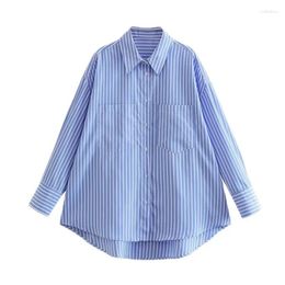 Women's Blouses 2024 Blue Stripe Shirt Women Casual Long Sleeves Oversize Blouse Female Chic Lady Elegant Top Spring Summer