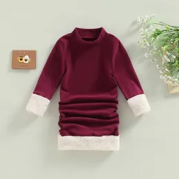 Girl Dresses Toddler Kids Girls Dress Solid Colour Knitted Ribbed Mock Neck Plush Trim Long Sleeve Autumn Winter Casual 3-7 Years