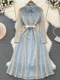 Casual Dresses Elegant Women Vintage Lace Dress Fashion Long Sleeved Polo Neck Slim A-line Vestidos