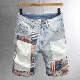 Men's Jeans Street Fashion Men Summer Casual Retro Light Blue Ripped Short Stars Flag Patched Designer Hip Hop Denim Shorts