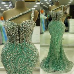 2024 Aso Ebi Sage Mermaid Prom Dress Beaded Crystals Sequined Evening Formal Party Second Reception 50th Birthday Engagement Thanksgiving Gowns Dresses ZJ106