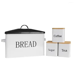 Storage Bottles Bread Box Kitchen Container Set Black Metal Bin With 3pcs Coffee Sugar Tea Jar White