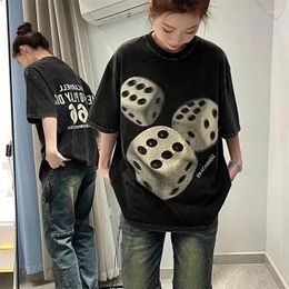 Women's T Shirts Washed Old T-shirts Couple Dice Print Tops Summer Vintage Fashion T-shirt High Street Hip Hop Short Sleeve Clothing Trend