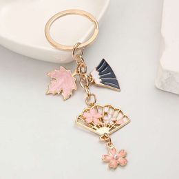 Cute Enamel Keychains Pretty Cherry Blossom Maple Leaf Fan Key Rings For Women Sakura Bag Jewelry