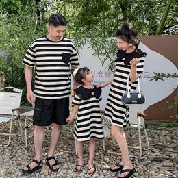 Dad Mom and Child Matching Clothes for Whole Family Clothing Mother and Daughter Striped Dress Father Son Equal T Shirts Outfits 240523