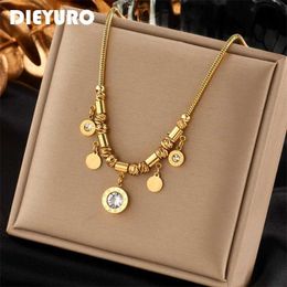Pendant Necklaces DIEYURO 316L Stainless Steel Round Roman Digital Zircon Pendant Necklace Suitable for Womens Vintage Ethnic Womens Chain Jewellery Gifts S2452206